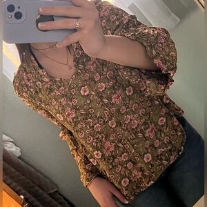 Jessica Simpson Olive Green Floral Peasant Blouse with Pink Roses